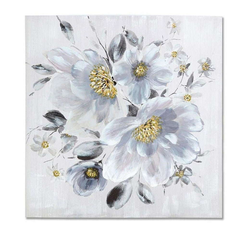 Quadro dipinto con fiori bianchi, 100x100 cm