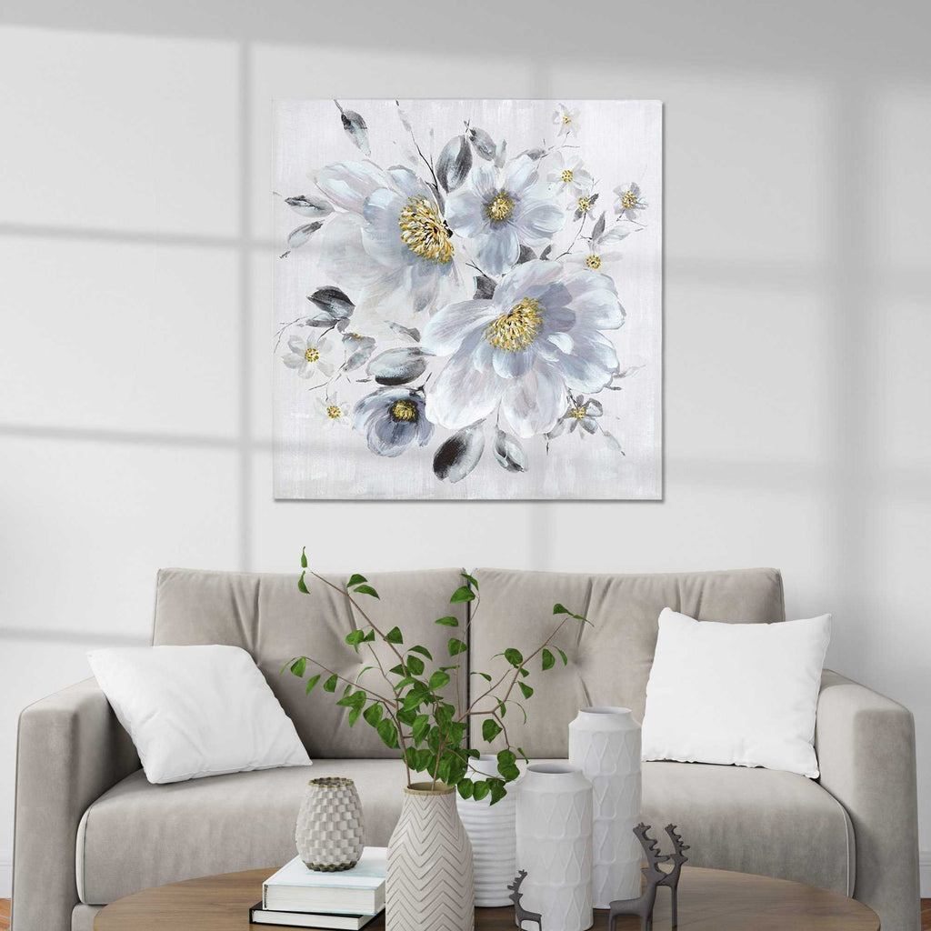 Quadro dipinto con fiori bianchi, 100x100 cm