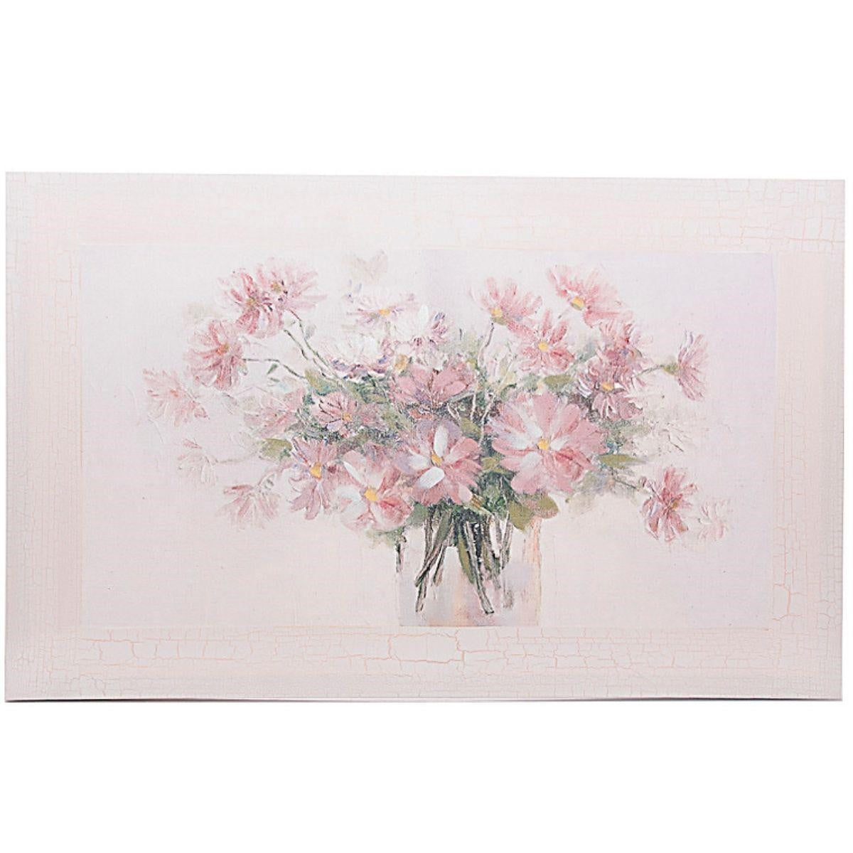 Dipinto su tela con vaso di fiori rosa, 80H50 cm