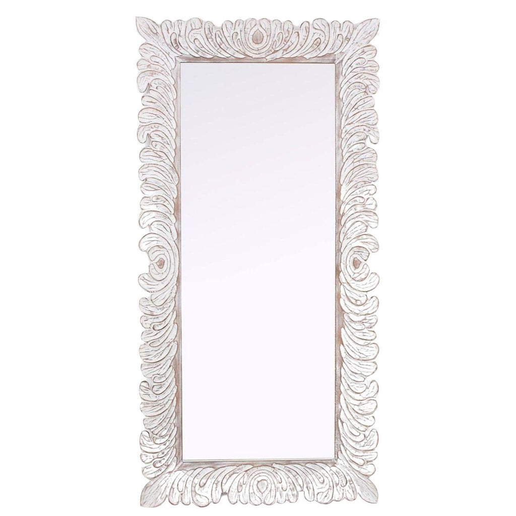 Specchio in legno di mango intagliato sbiancato, 90x3H180 cm