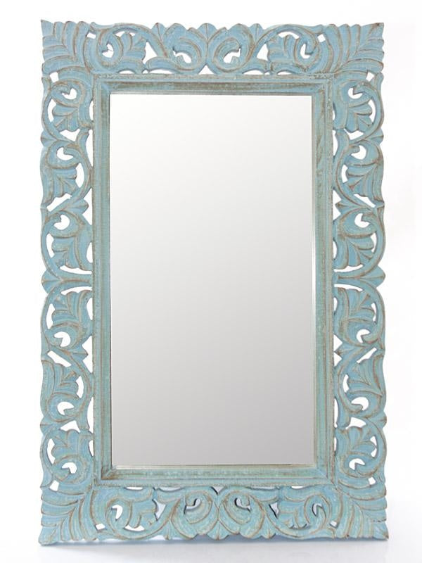 Specchio intagliato in legno di mango azzurro, 60x90 cm