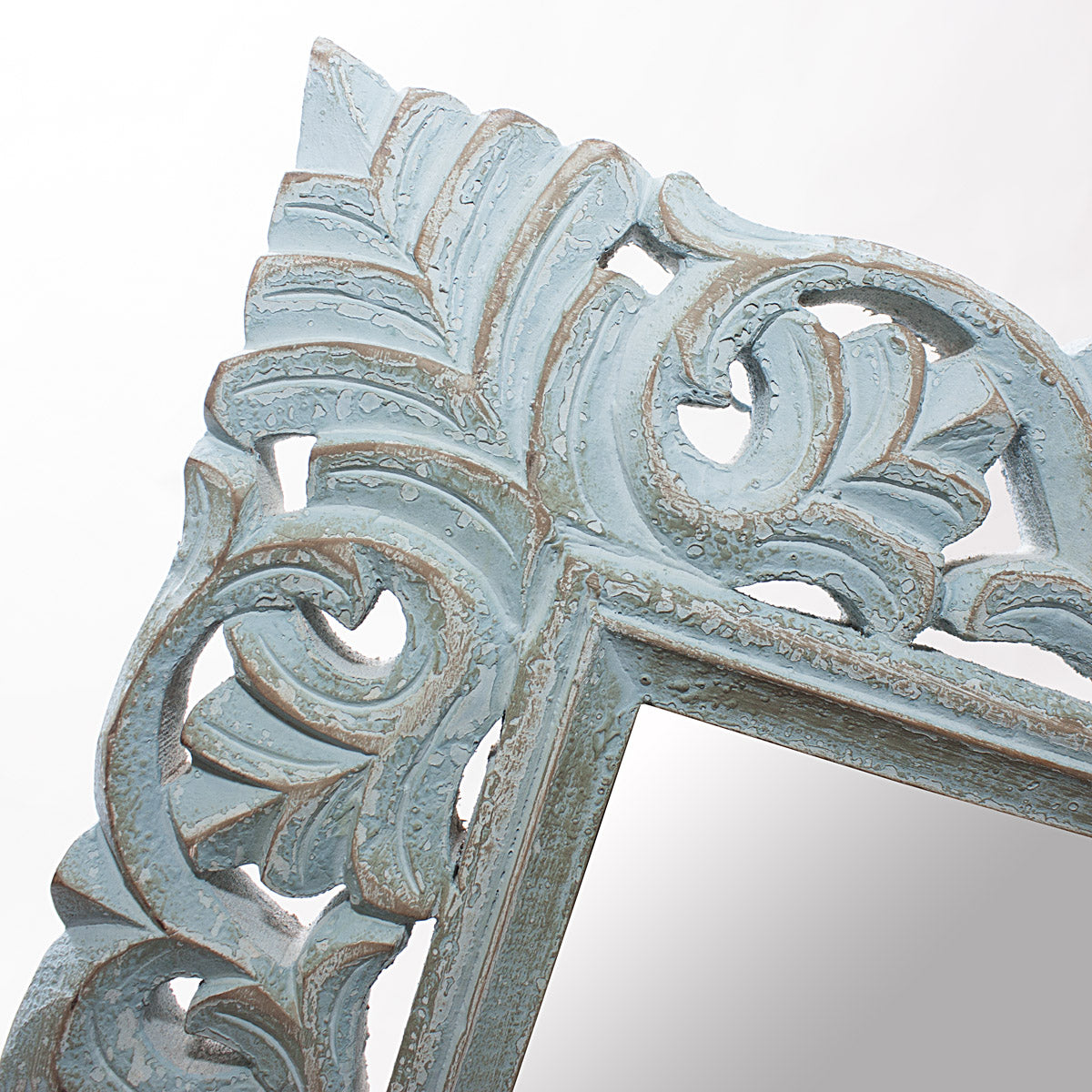 Specchio intagliato in legno di mango azzurro, 60x90 cm