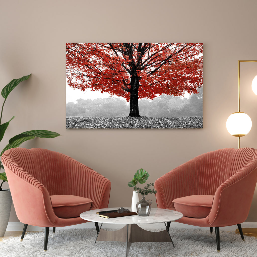 Quadro dipinto con albero rosso, 70x100 cm