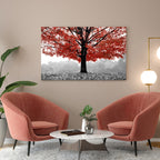 Quadro dipinto con albero rosso, 70x100 cm