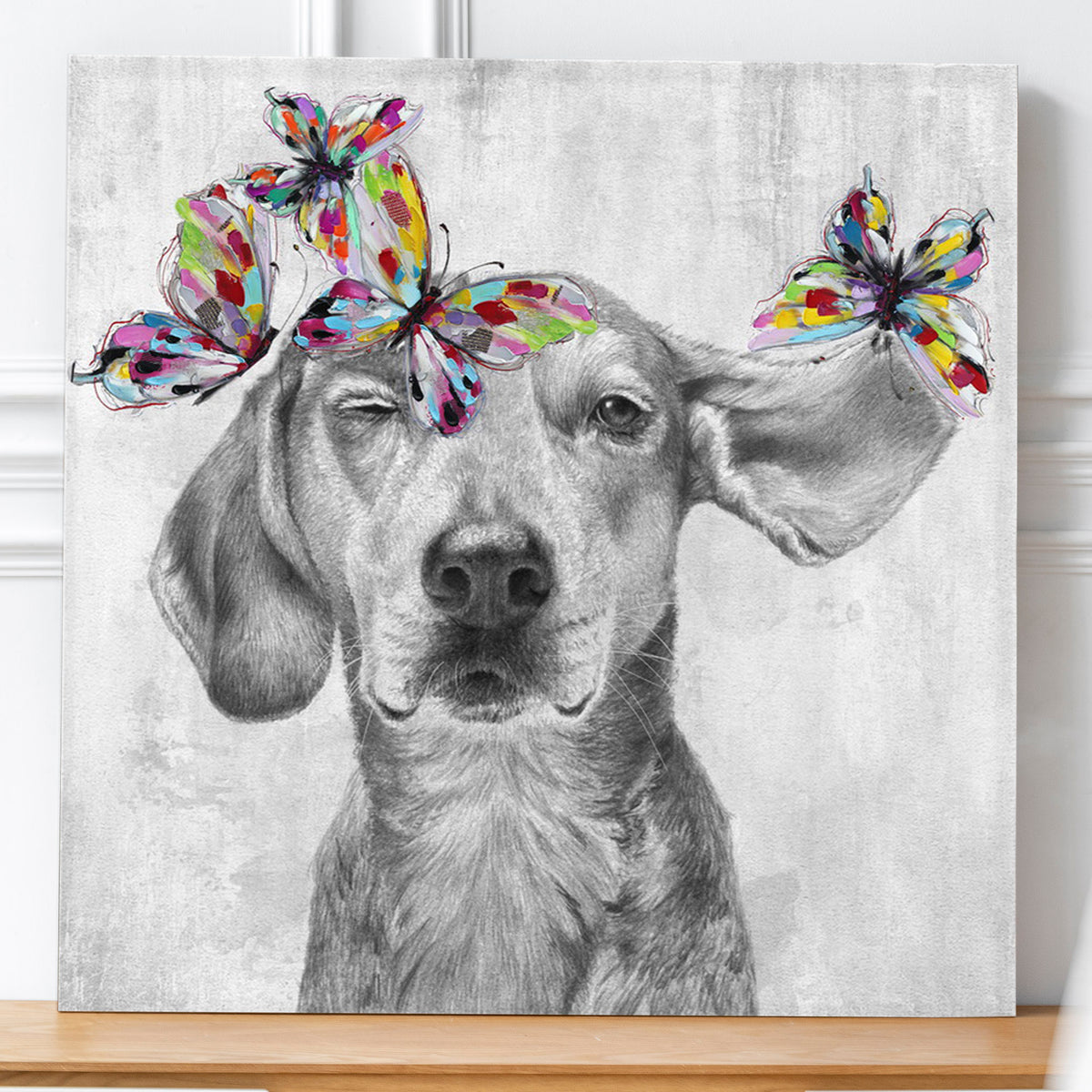 Quadro dipinto con cane, 80x80 cm