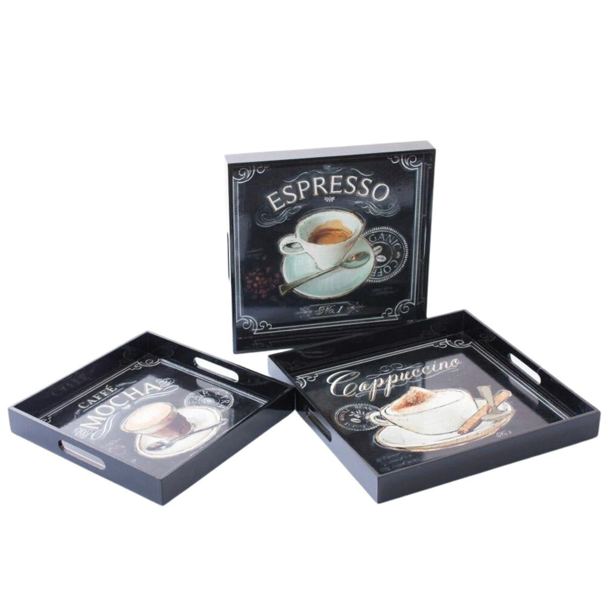 Vassoi quadrati con decoro tazza di caffè, set di 3