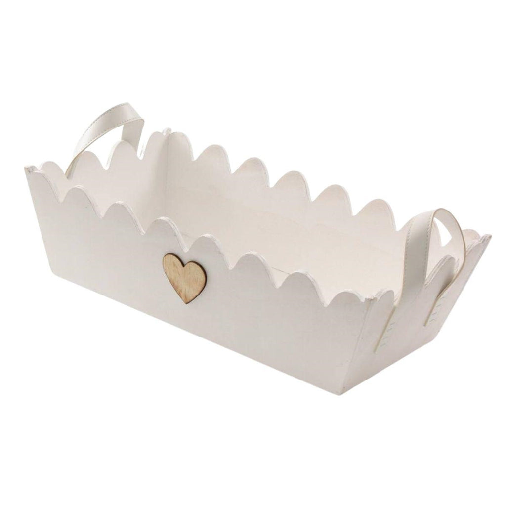 Vaschetta bianca in legno di abete con cuore, 47x28H13,5 cm (kit da 3)