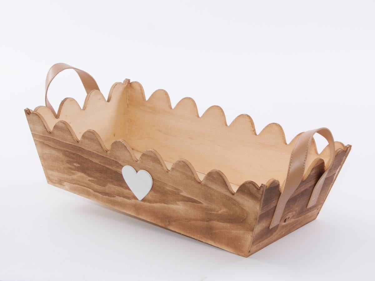Cassetta in abete brunito con cuore, 47x28H13,5 cm (kit da 3)