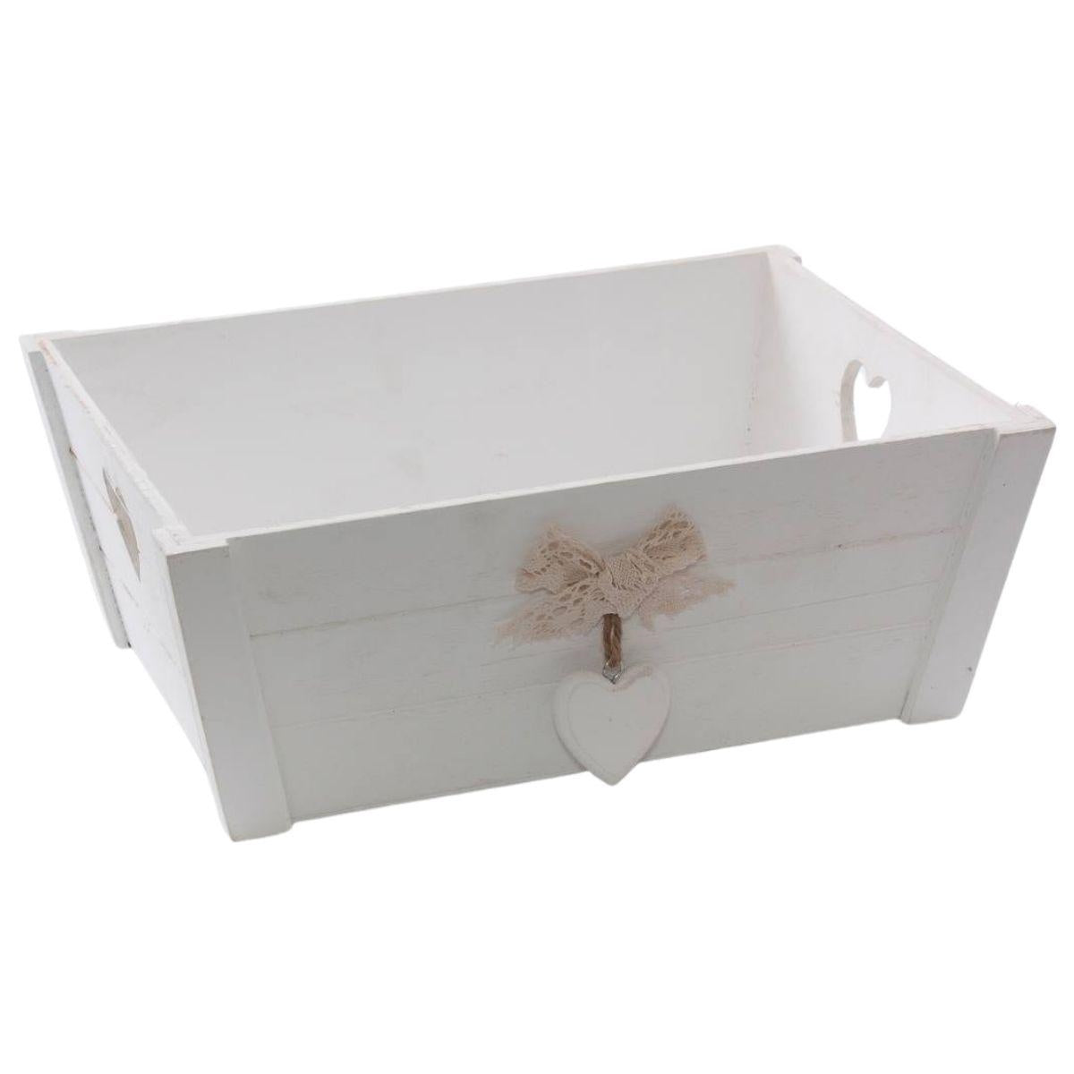 Cassetta in legno di abete bianca con decoro a cuore, 38x28x15 cm (kit da 3)