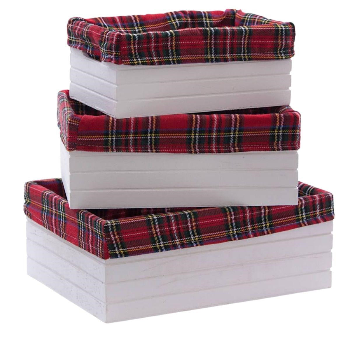 Cassette bianche foderate in legno di abete, set di 3, 32x23x12 cm