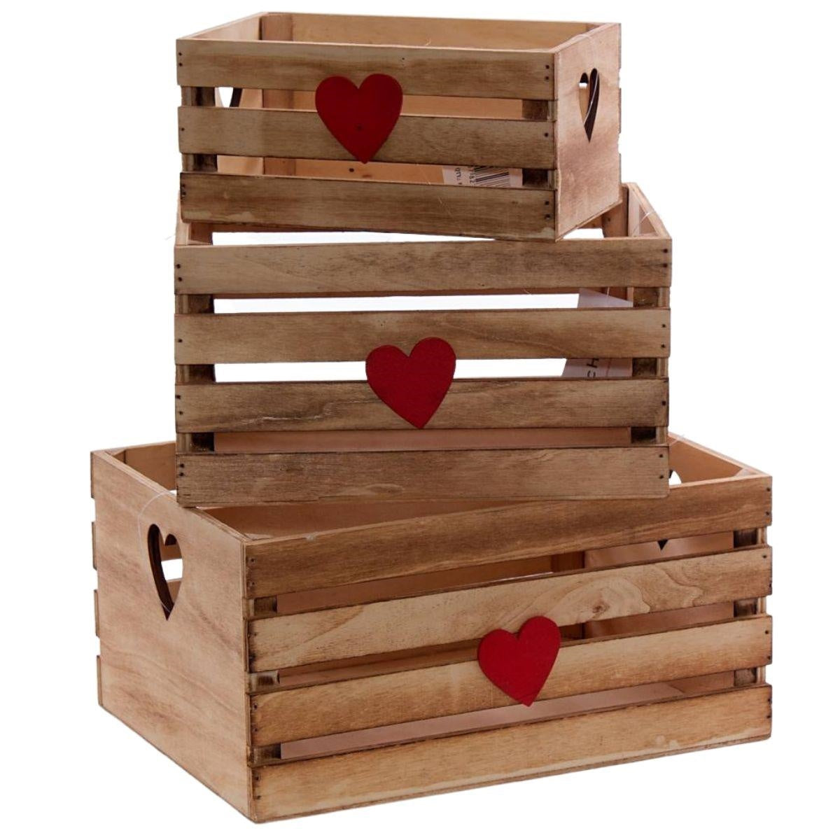 Set di 3 cassette brunite in legno di abete, 31x22H15 cm