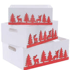 Cassette in abete bianche con decoro natalizio, set di 3, 38x28x15 cm