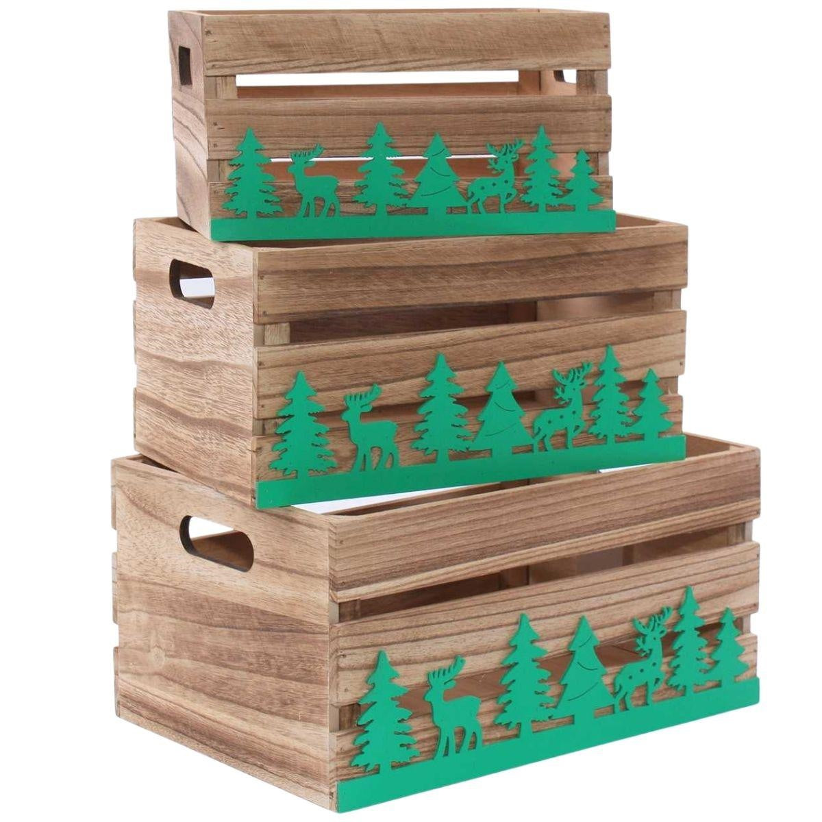 Cassetta in abete brunito con decorazione verde, set di 3, 36x26x18 cm
