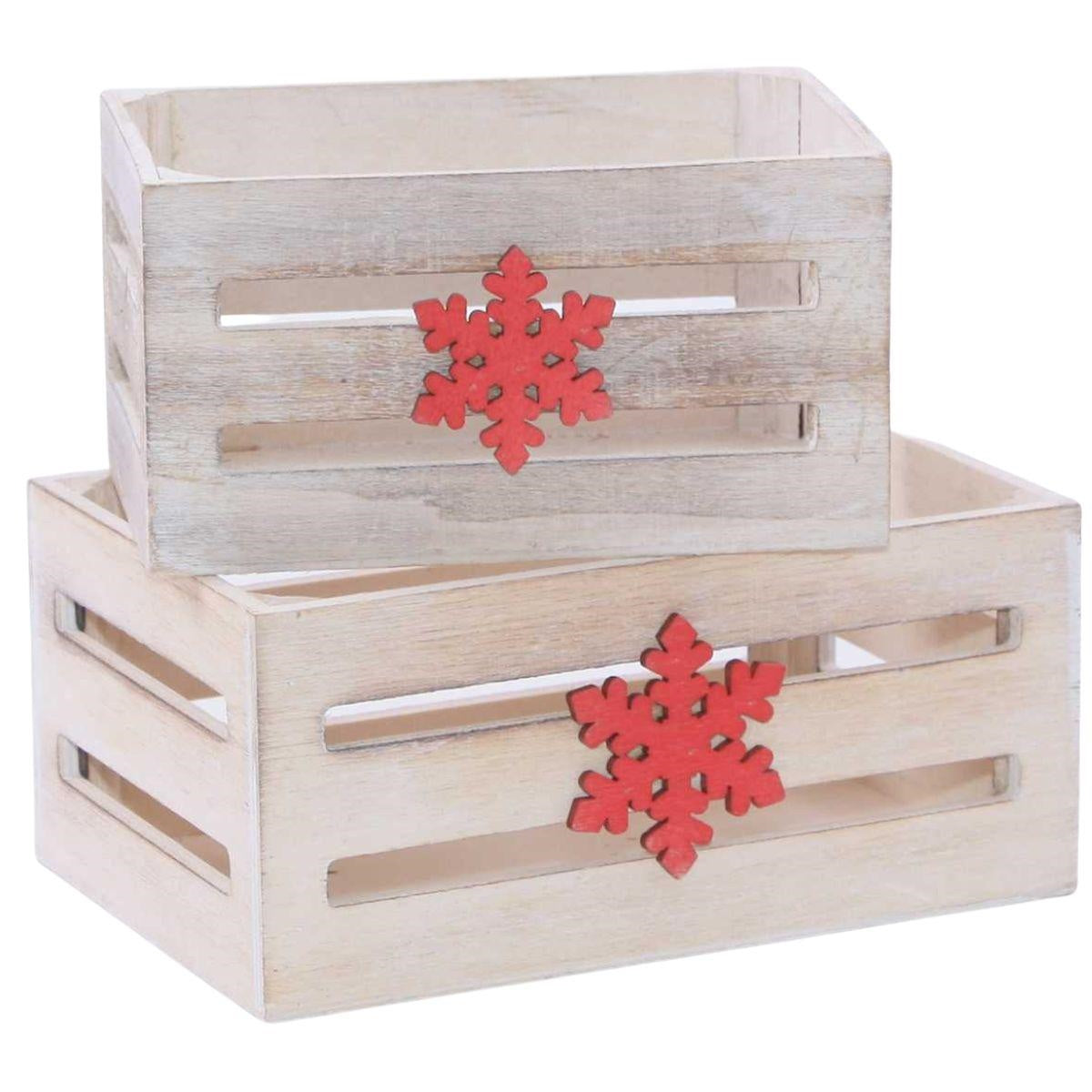 Cassette in abete grigio con fiocco di neve rosso, 20x13H9 cm, set di 2 (kit da 5)