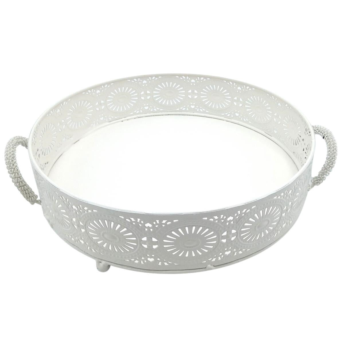 Vassoio rotondo in metallo bianco traforato, Ø33H9 cm (kit da 3)