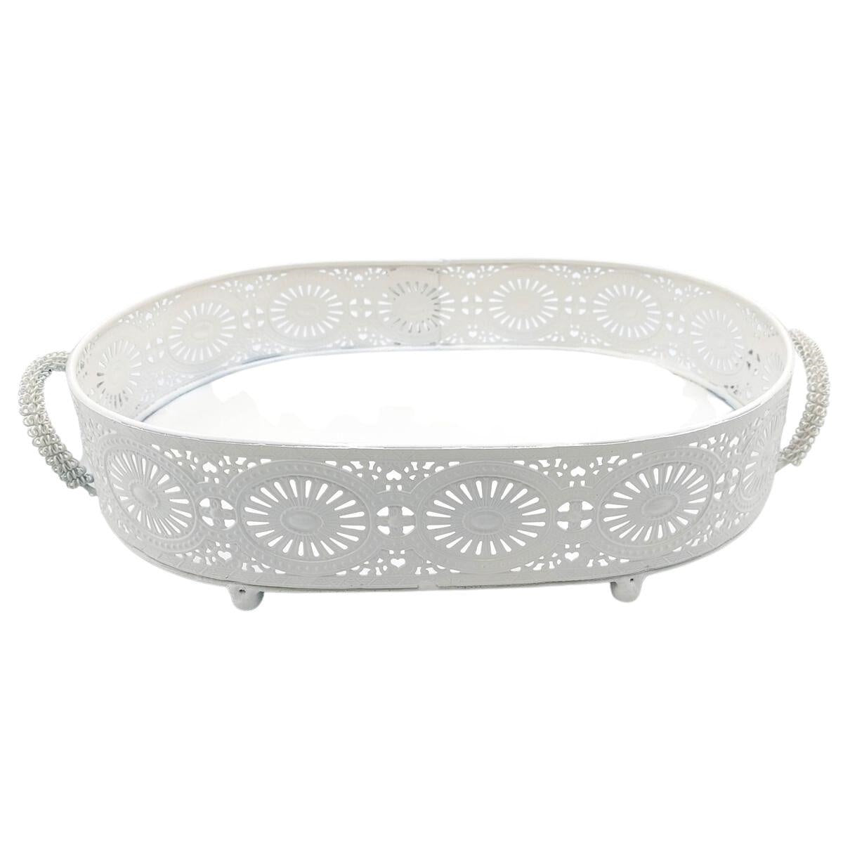 Vassoio ovale in metallo bianco traforato, 37x27H9 cm