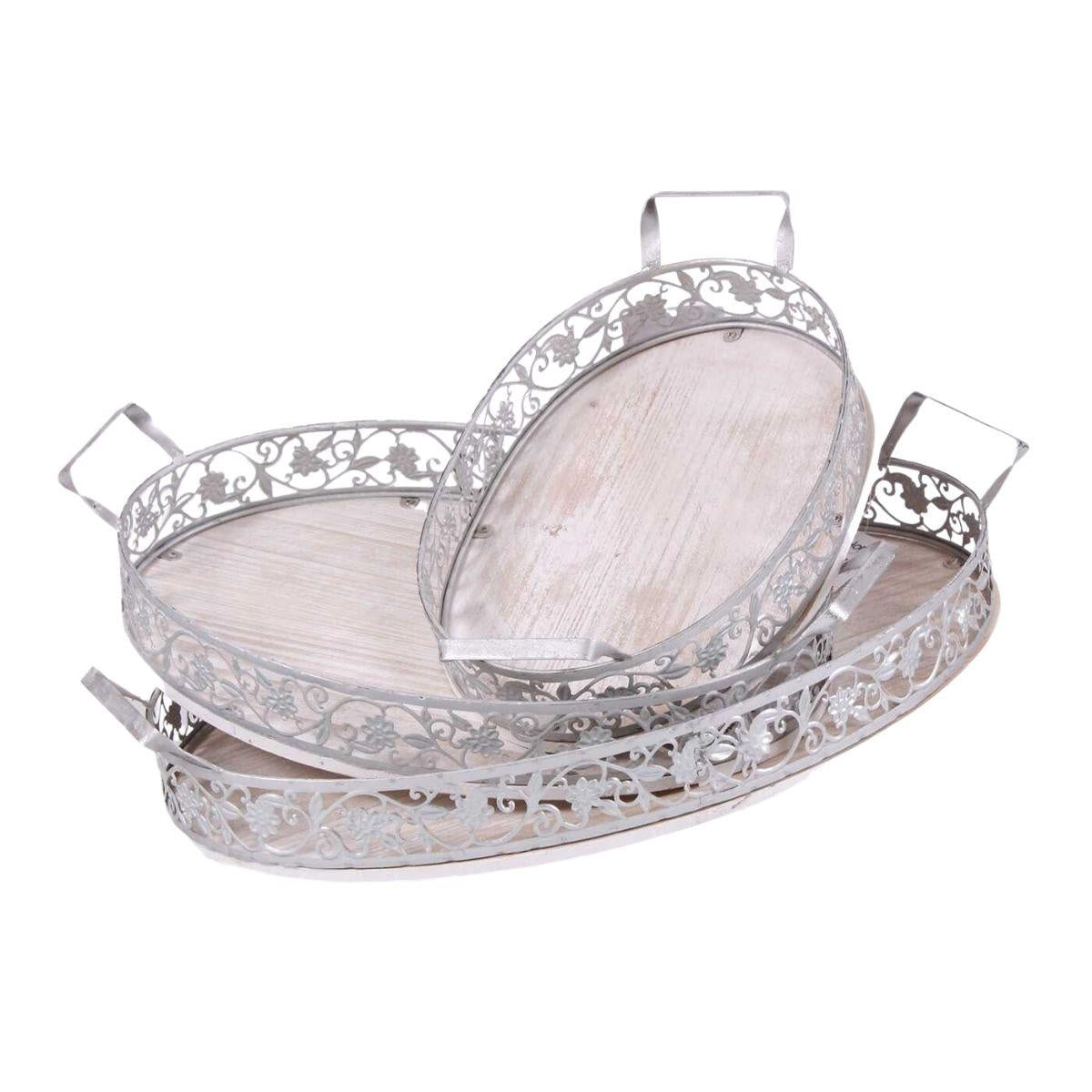 Vassoi in metallo e abete sbiancato, set di 3, 48x32x9 cm