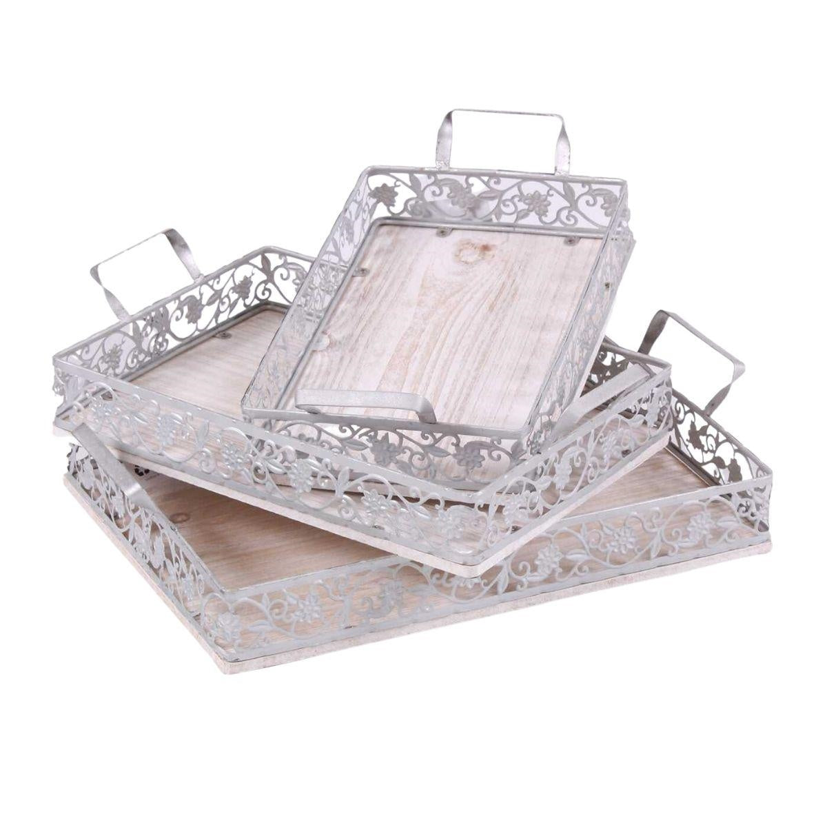 Vassoio in metallo e abete sbiancato, set di 3, 40x29H10 cm