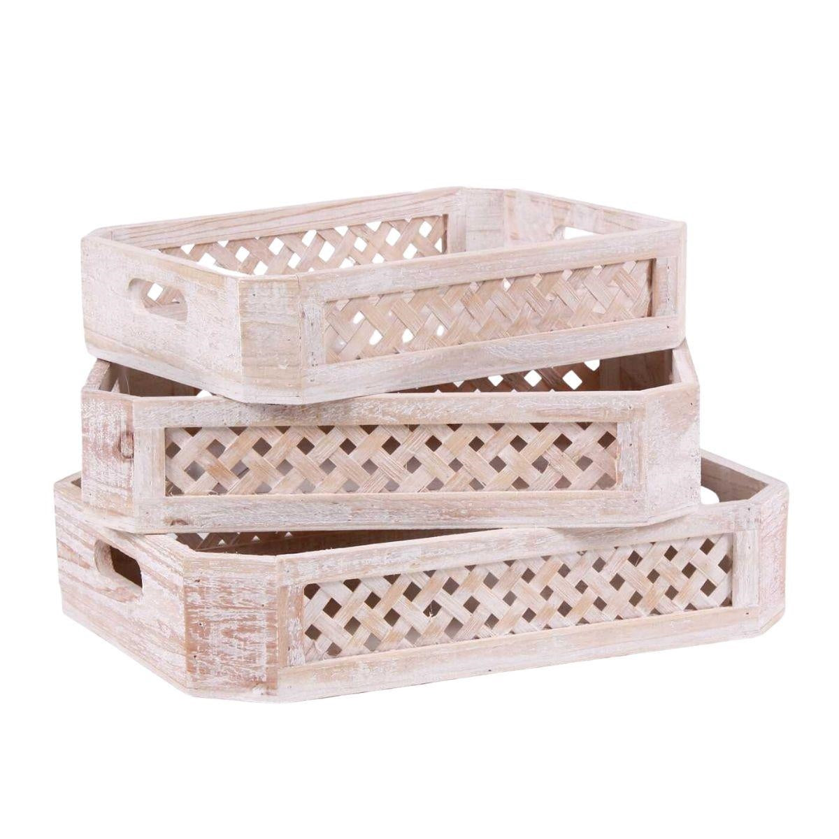 Vassoi rettangolari in legno di abete sbiancato, set di 3, 40x30x9 cm