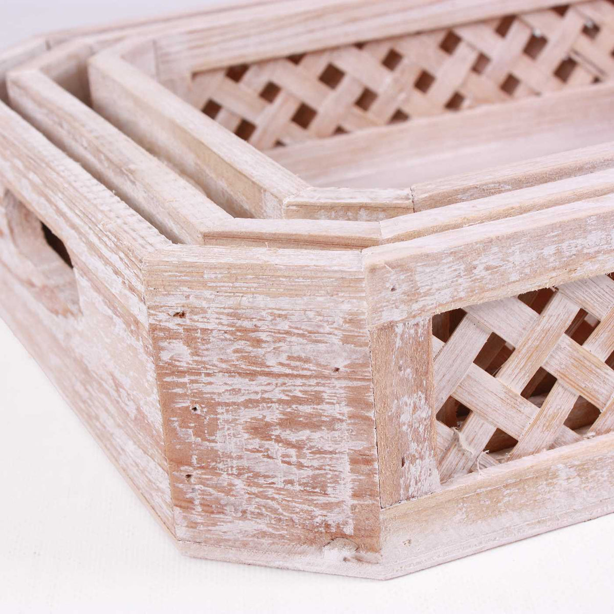 Vassoi rettangolari in legno di abete sbiancato, set di 3, 40x30x9 cm