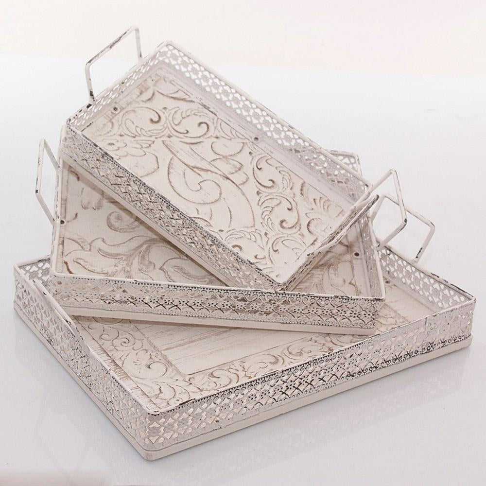 Vassoio rettangolare in ferro e legno, 37x26x6 cm