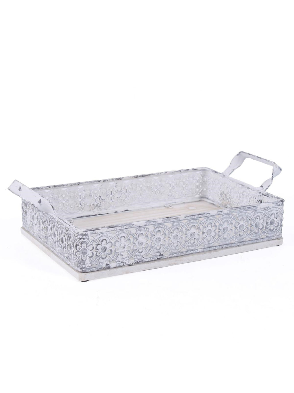 Vassoio in metallo bianco e legno di abete, 29X19H6 cm (kit da 3)