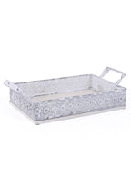 Vassoio in metallo bianco e legno di abete, 29X19H6 cm (kit da 3)
