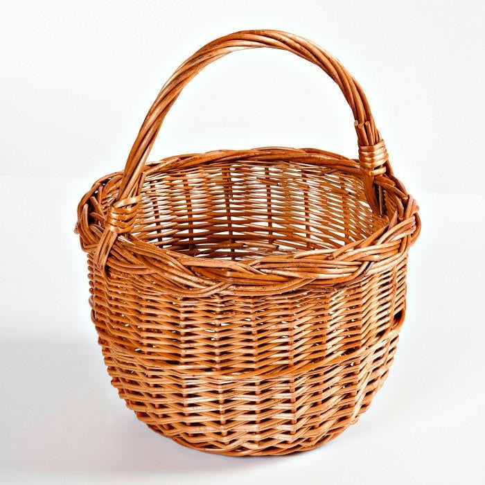 Cesto rotondo in vimini rosso con manico alto, modello Rosa, H35 cm