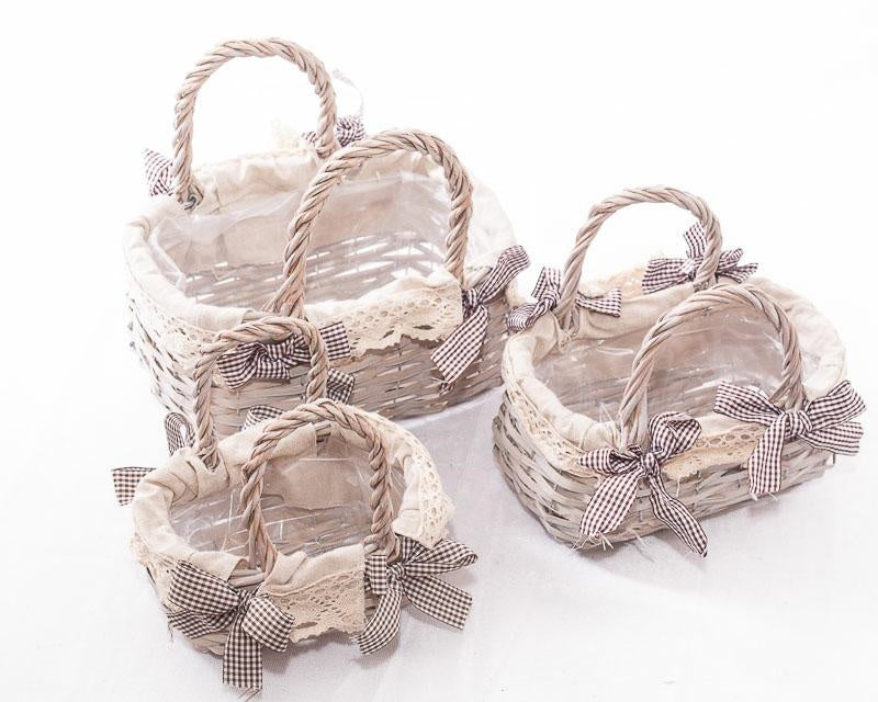 Cestini in vimini bianco anticato foderati, set di 3, 27x18x30 cm