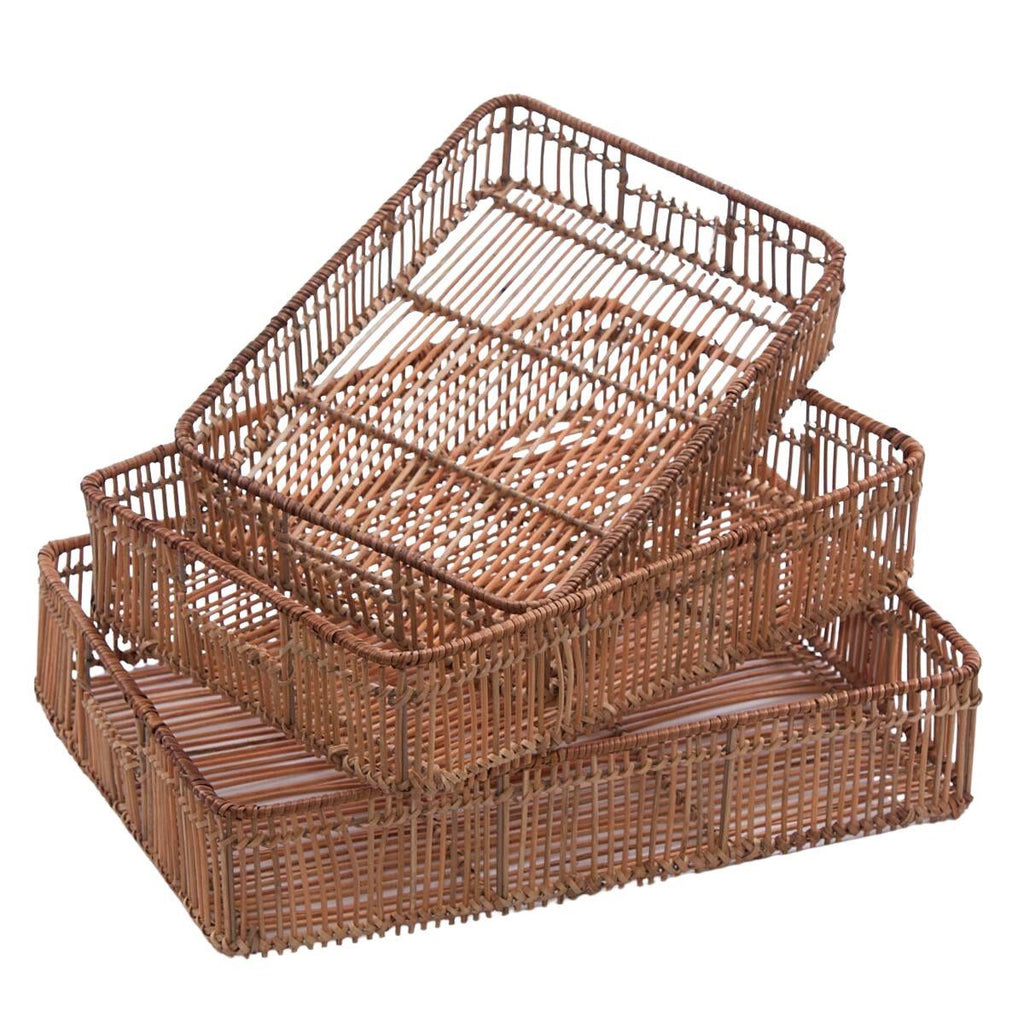 Vassoio in rattan naturale, 48x35x9 cm, set di 3