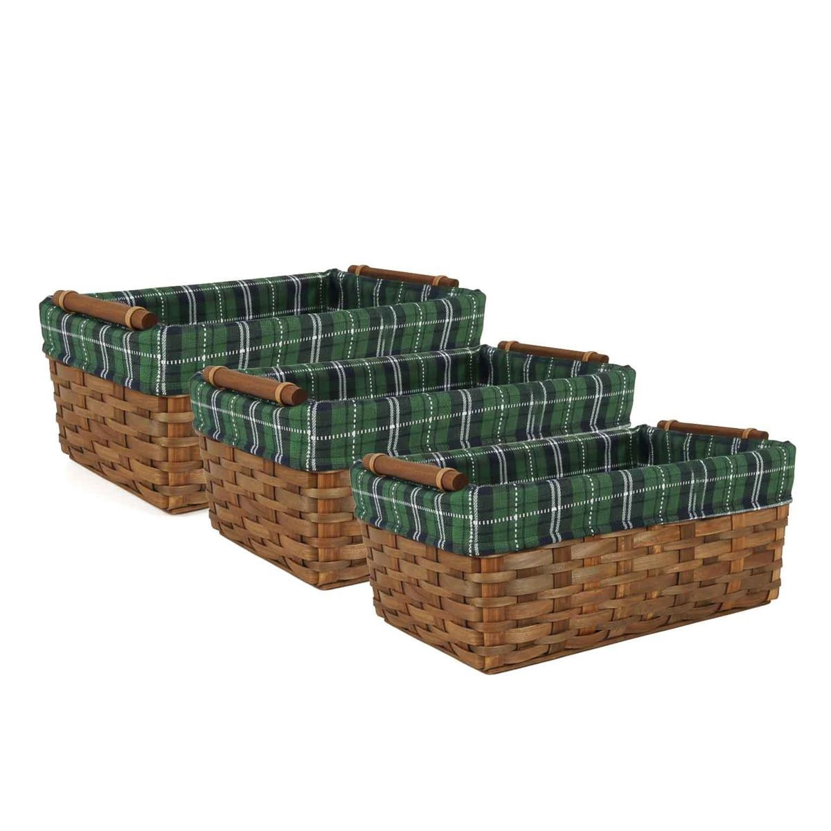 Vaschetta in pioppo marrone con fodera scozzese verde, set di 3, 42x26x17 cm