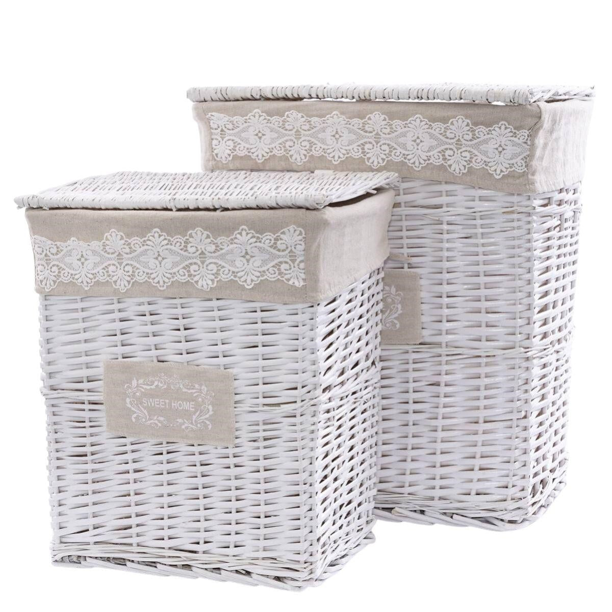 Portabiancheria in vimini bianco, set di 2, 47x35x55 cm