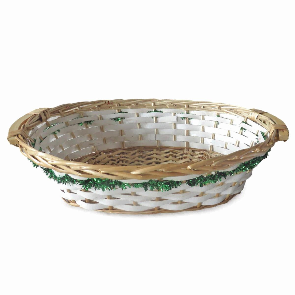 Cesto ovale in vimini bianco con ghirlanda verde, 42/38x28 cm (kit da 5)
