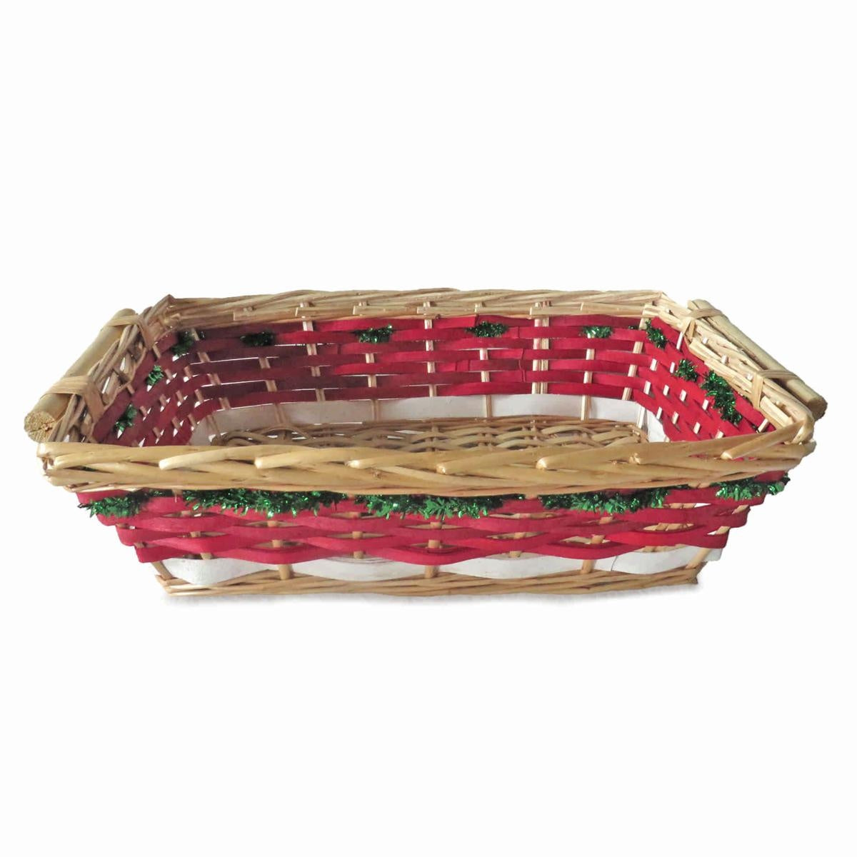 Cesto rettangolare in vimini rosso e bianco con ghirlanda verde (kit da 5)