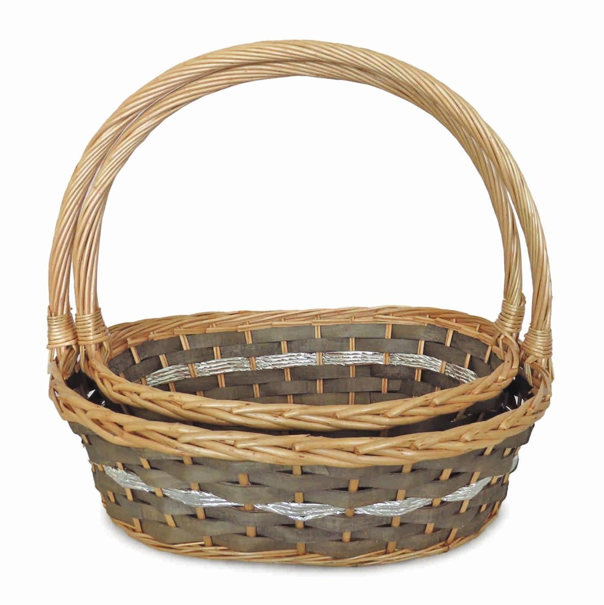 Cesto ovale con manico in vimini grigio, set di 2, 50x42H15 e 46x36H14 cm