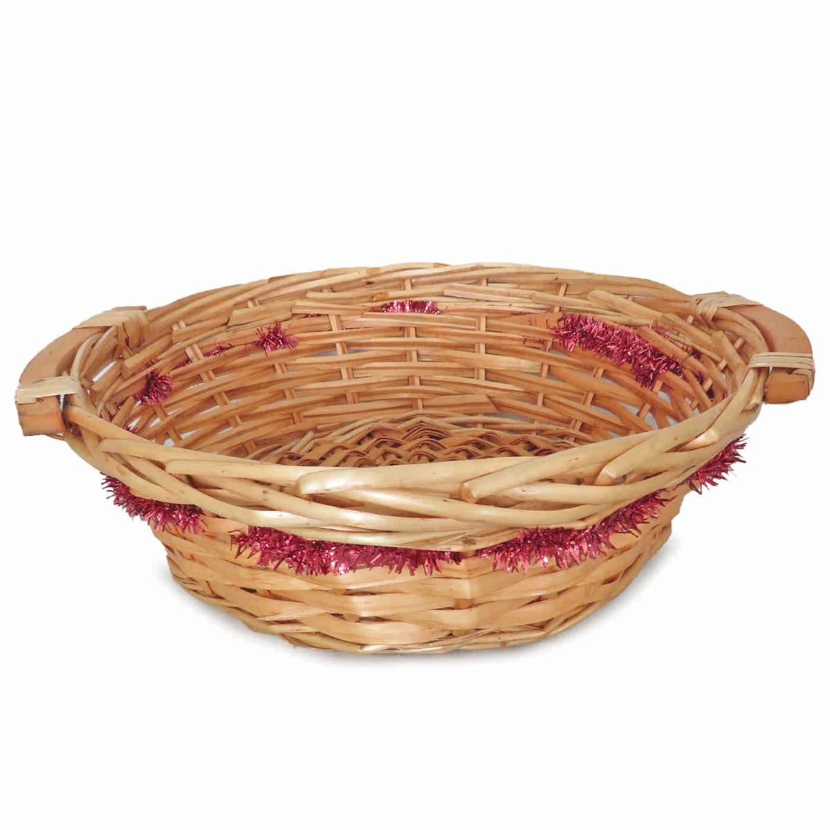 Cesto rotondo in vimini miele con ghirlanda rossa, Ø32H10 cm (kit da 10)