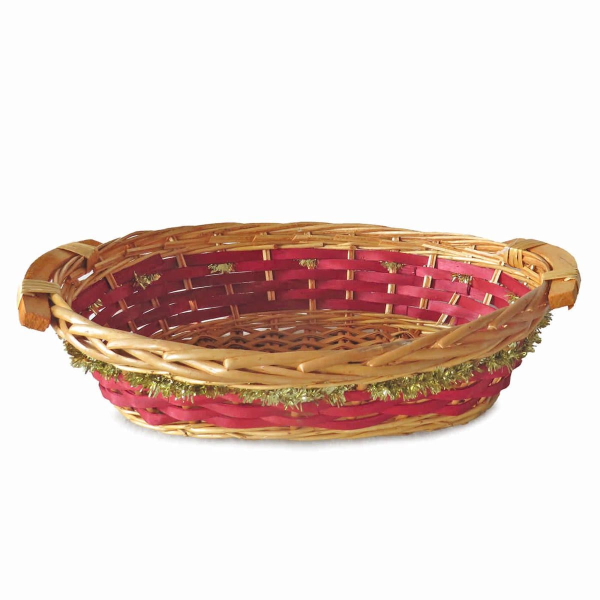 Cesto da confezionamento ovale in vimini rosso con ghirlanda decorativa oro (kit da 10)