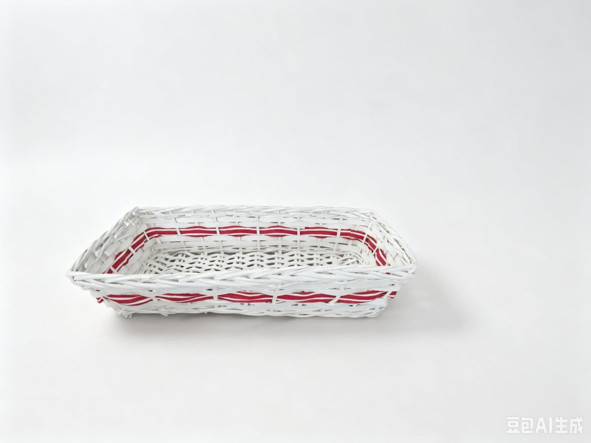 Cesto rettangolare in vimini bianco con striscia rossa, 49x30x12 cm (kit da 5)