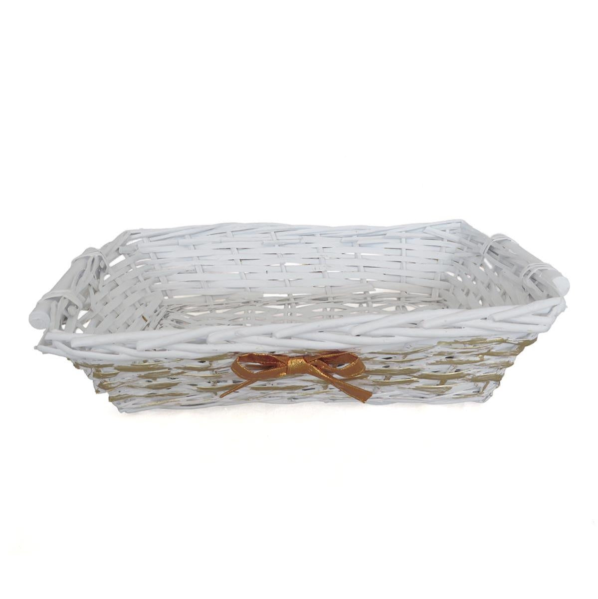 Cesto rettangolare in vimini bianco con nastro oro, 49/45x34x12 cm (kit da 3)