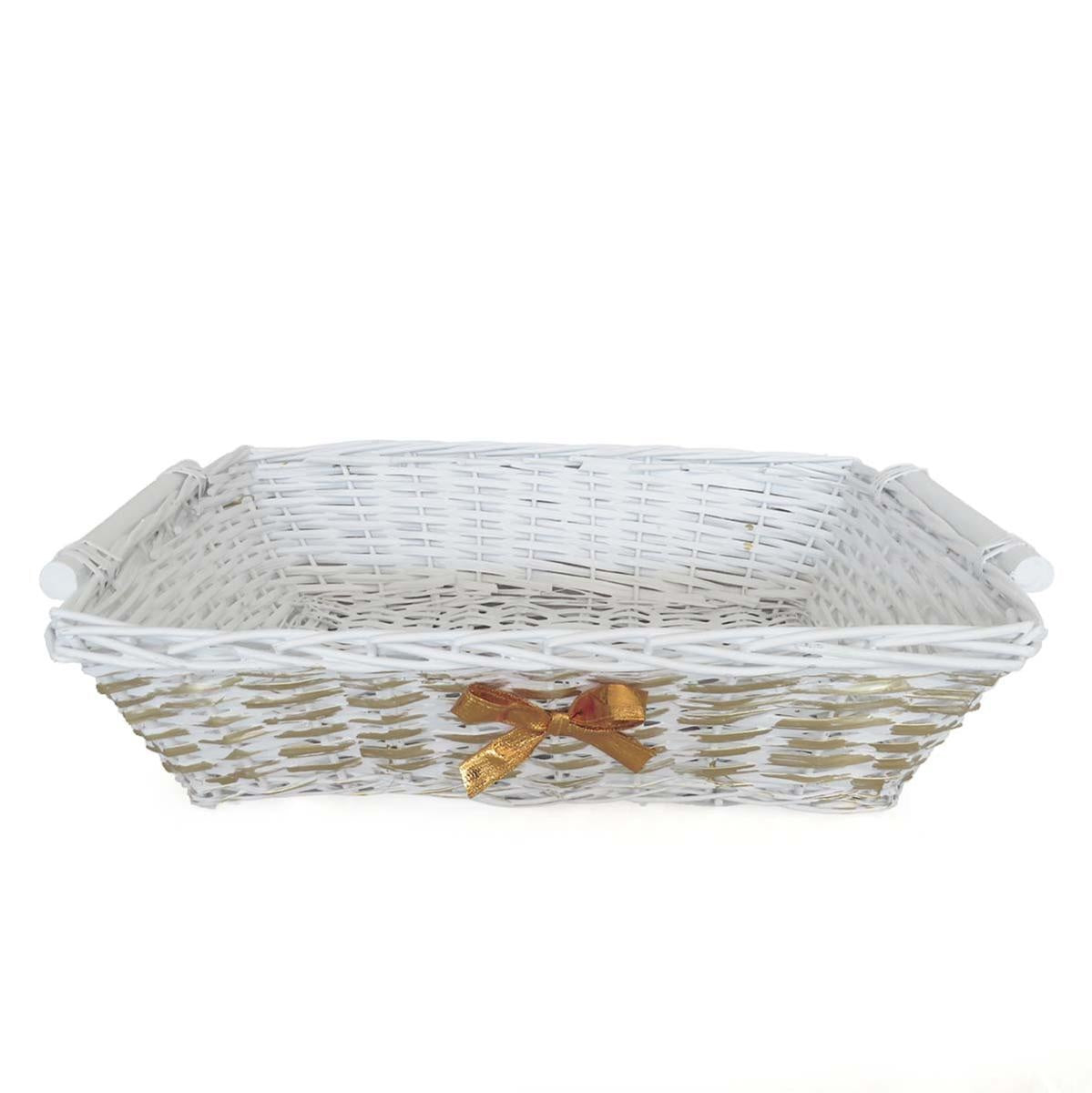 Cesto rettangolare in vimini bianco con nastro oro, 61/57x44x15 cm (kit da 3)