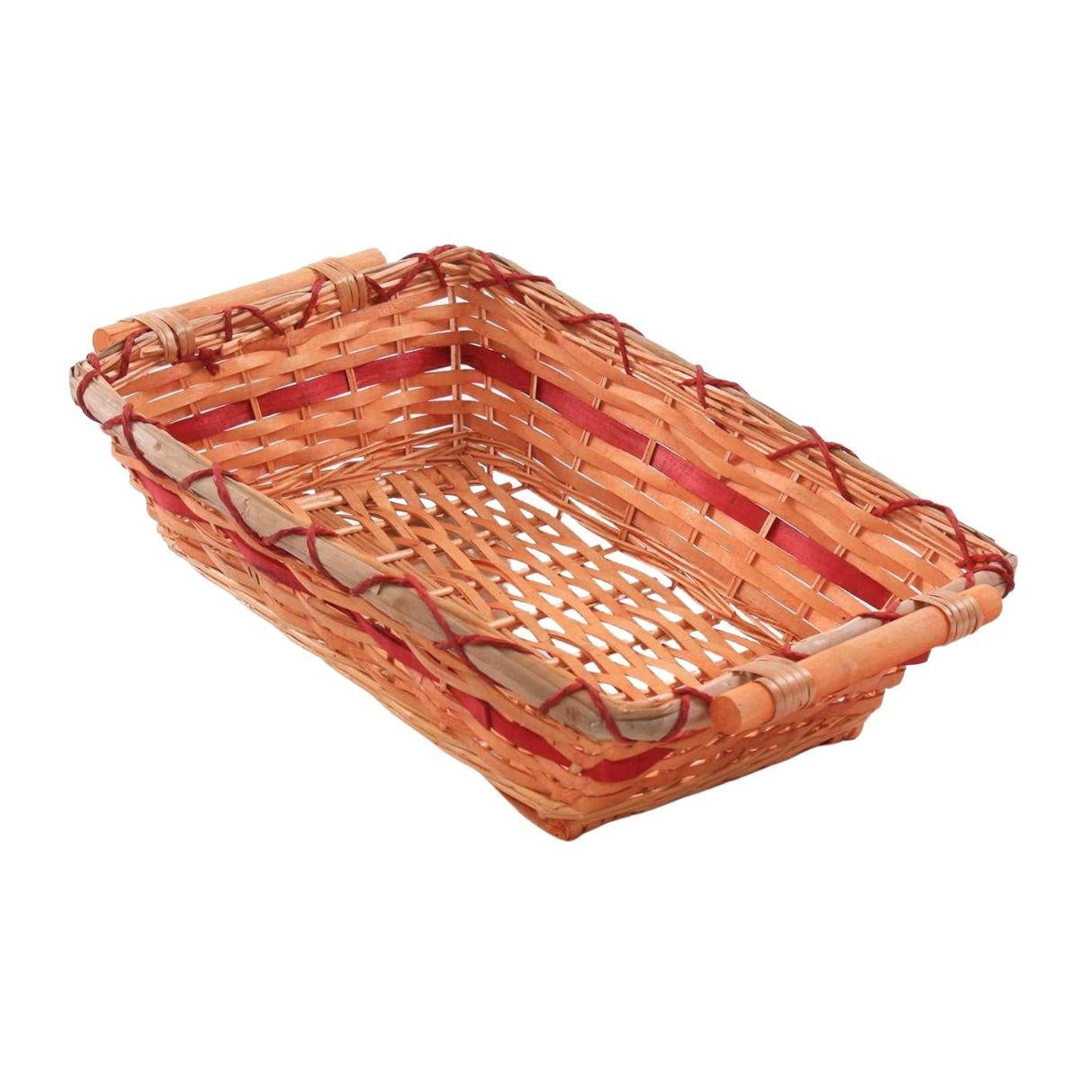 Cesto rettangolare in vimini miele e rosso con manici, 49x35H12 cm (kit da 5)