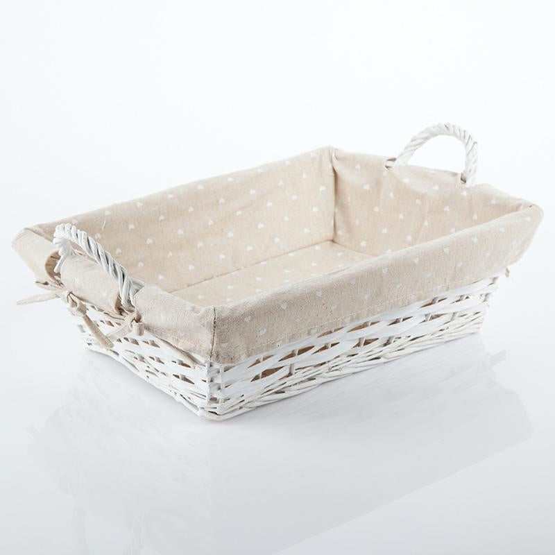 Cesto in vimini bianco foderato con cuore, 45x34H12 cm (kit da 3)