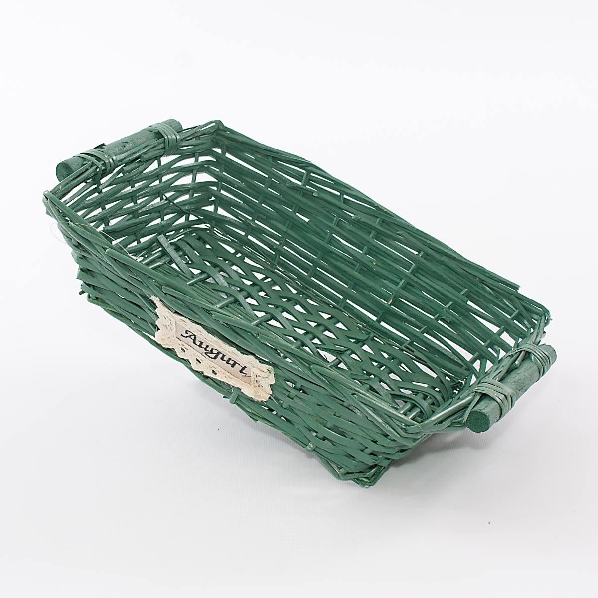 Cesto rettangolare in vimini verde con scritta auguri, 40/36x27H10 cm (kit da 5)