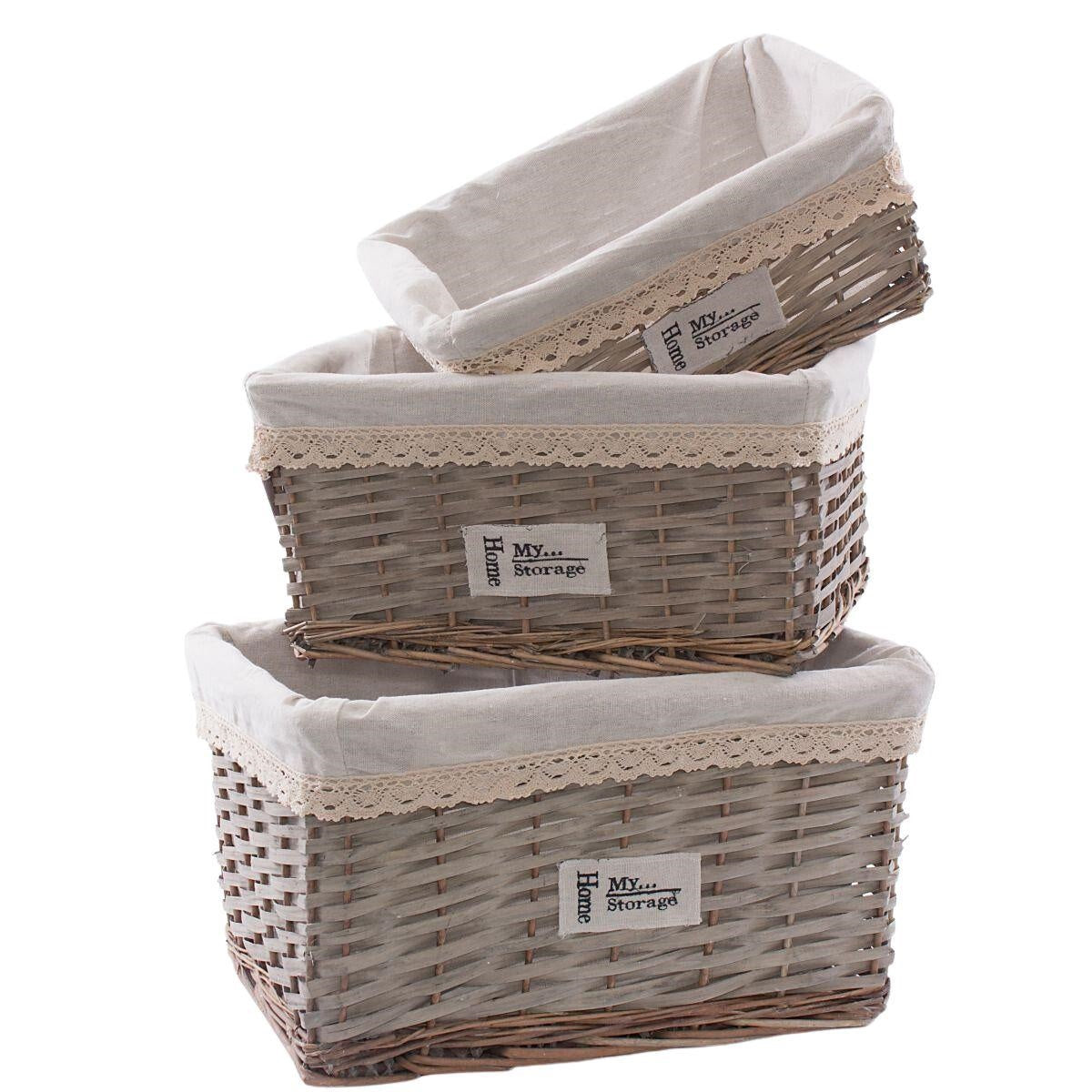 Vaschetta in vimini grigio con fodera, set di 3, 45x35x25 cm