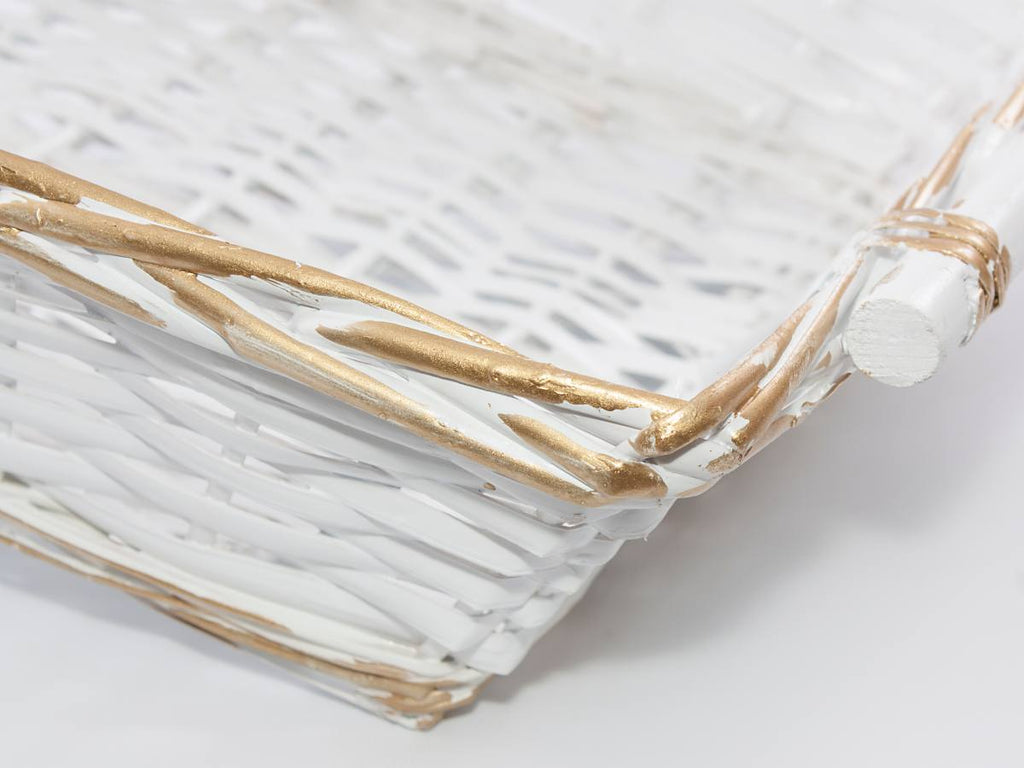 Cesto rettangolare in vimini bianco e oro, 54/51x38H13 cm (kit da 3)