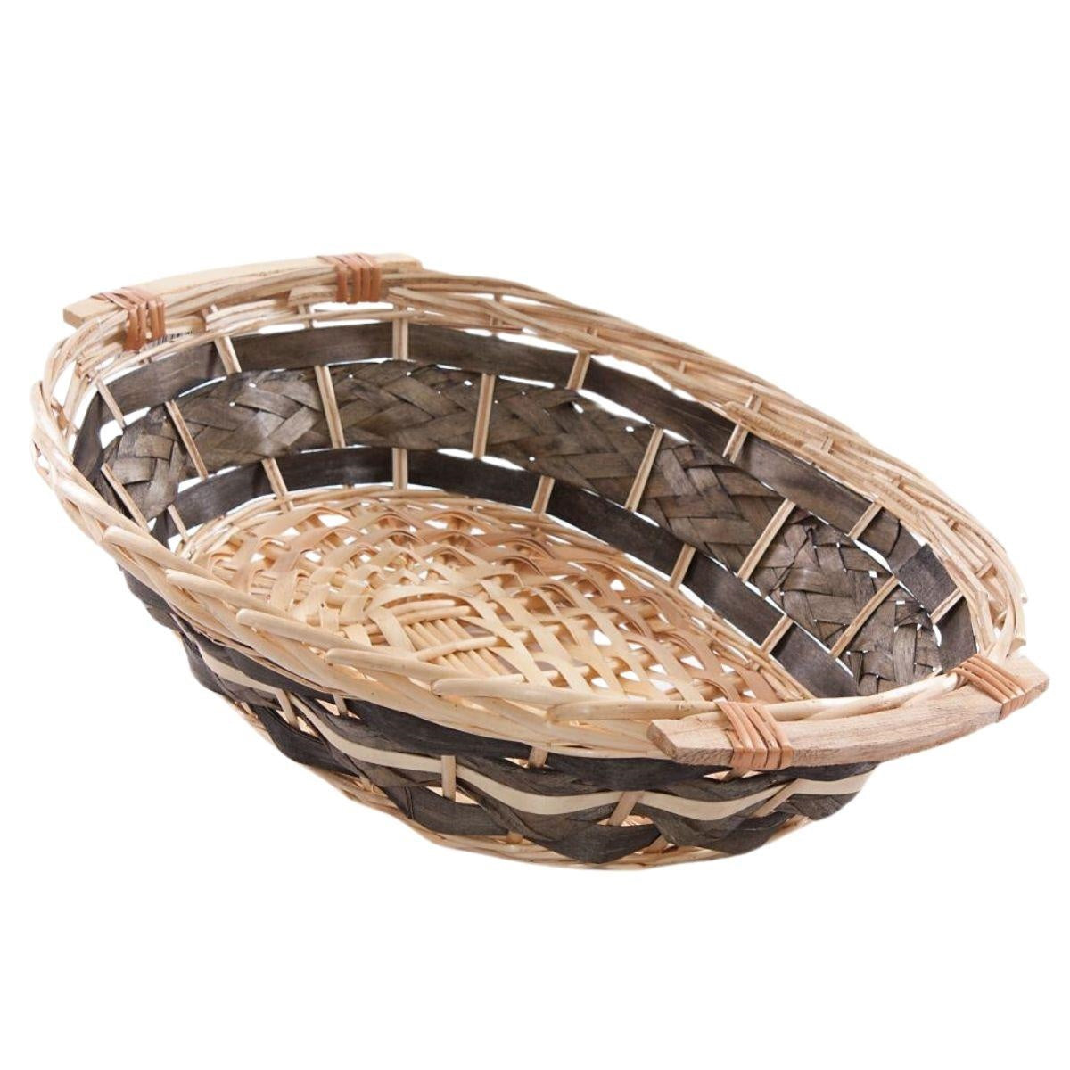 Cesto ovale in vimini con manici in legno, 52x40H13 cm (kit da 3)