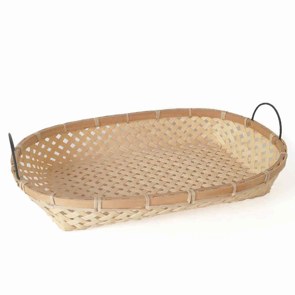 Cesto ovale in bambù naturale con manici in ferro, 50x34H8 cm (kit da 3)