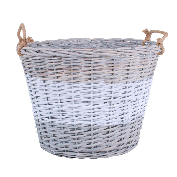Cestone rotondo in vimini bianco e grigio con manici in corda, Ø60H45 cm
