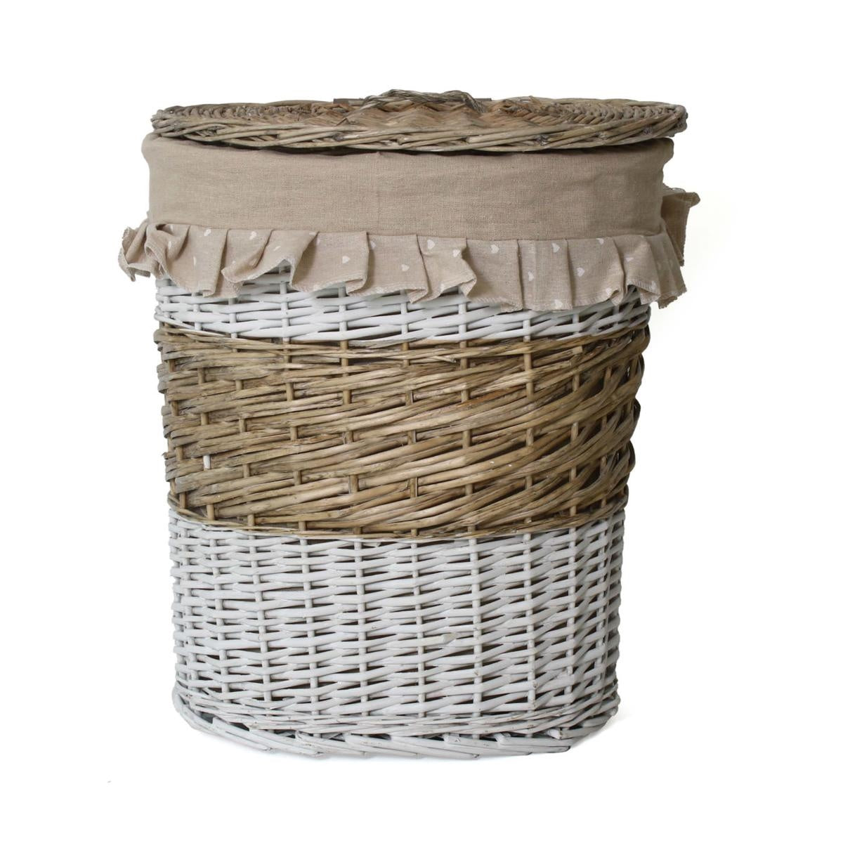 Portabiancheria ovale in vimini beige e bianco, 31x20x40 cm