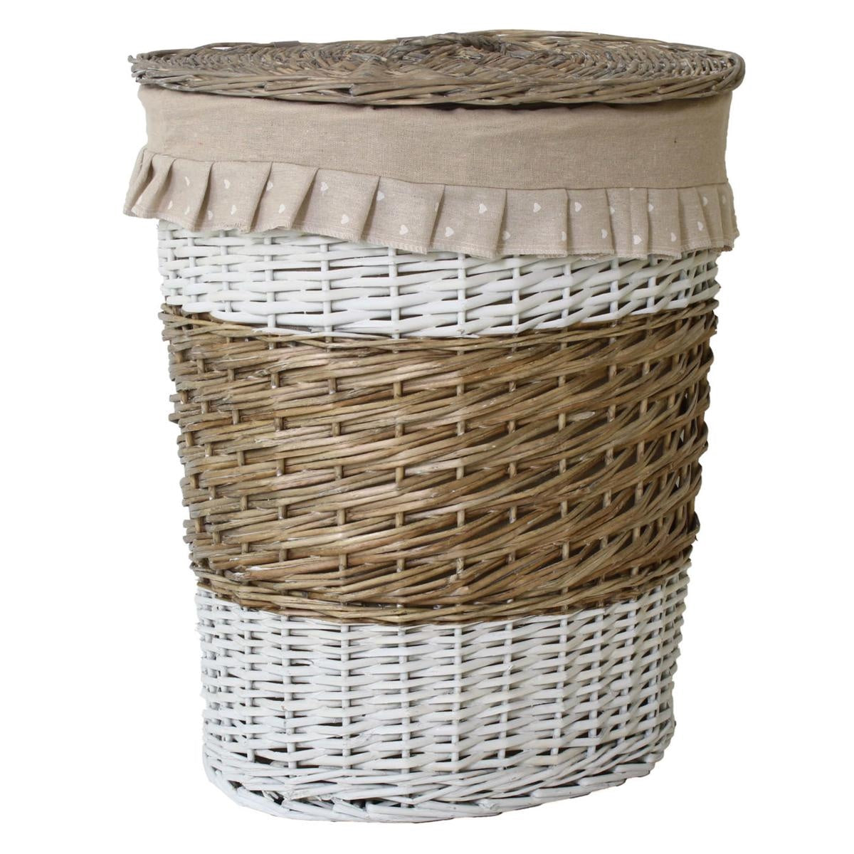 Portabiancheria ovale in vimini beige e bianco, 49x34x56 cm